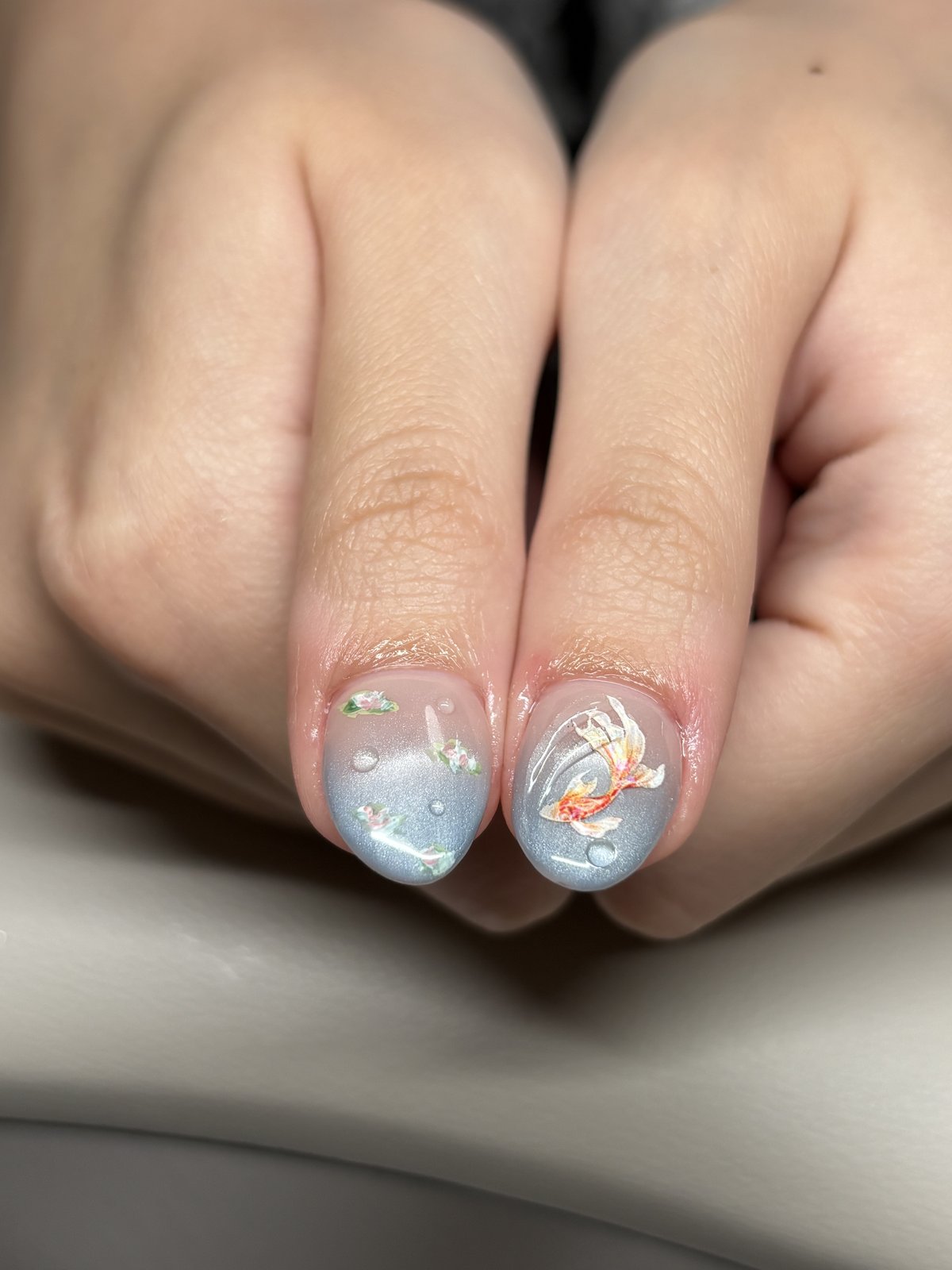 Koi Swimming on Soft Grey - nail design by lull., Harajuku Tokyo