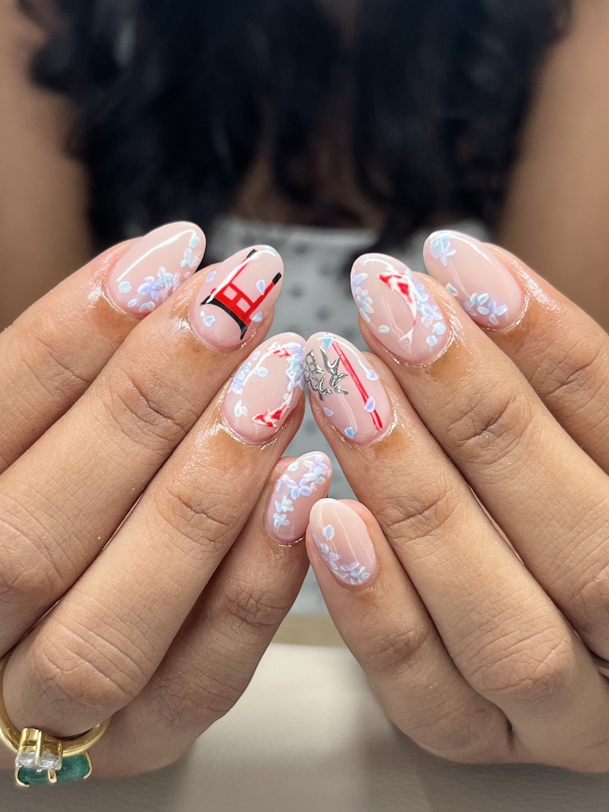 Torii Gates and Cranes on Sheer Nude | Japanese Motif Nail Art in Tokyo