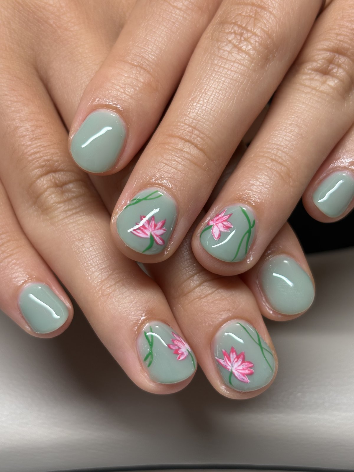 Pink Lotus on Sage Green | Minimal Floral Nail Art in Harajuku