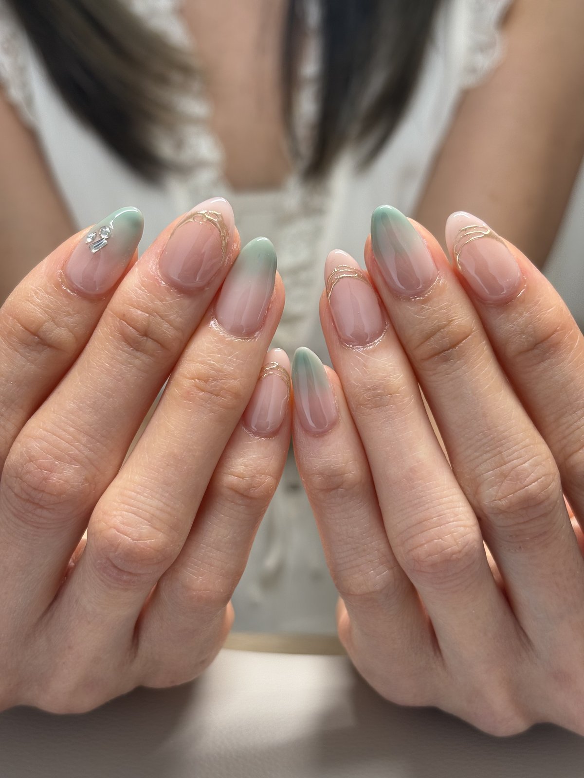 Sage Green Ombre with Gold Line Work | Soft French Nails in Harajuku