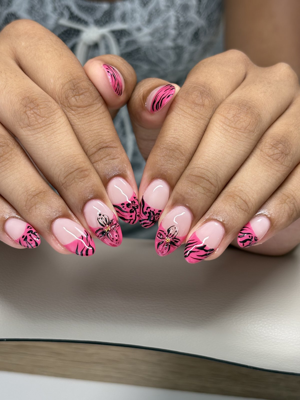 Pink Zebra Stripes with Black Butterflies | Bold French Nails in Tokyo