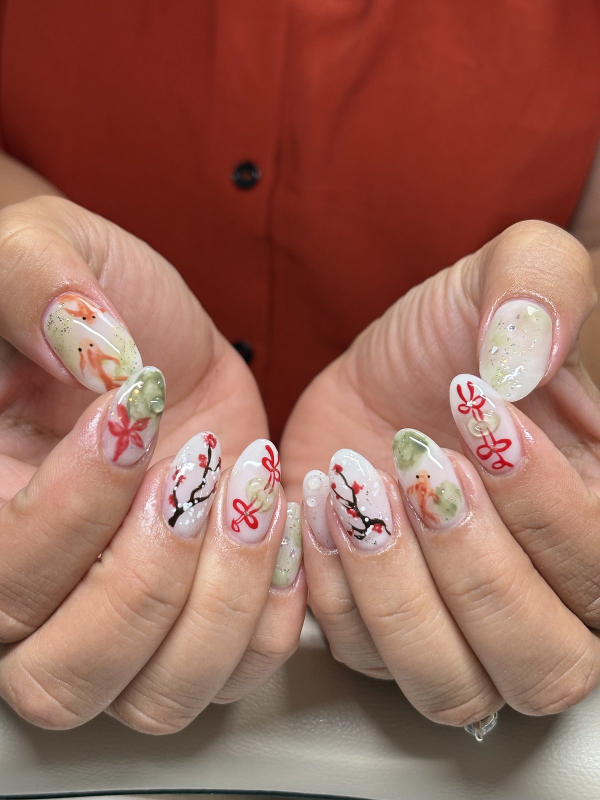 Koi, Plum Blossoms and Red Cord | Japanese Motif Nails in Harajuku