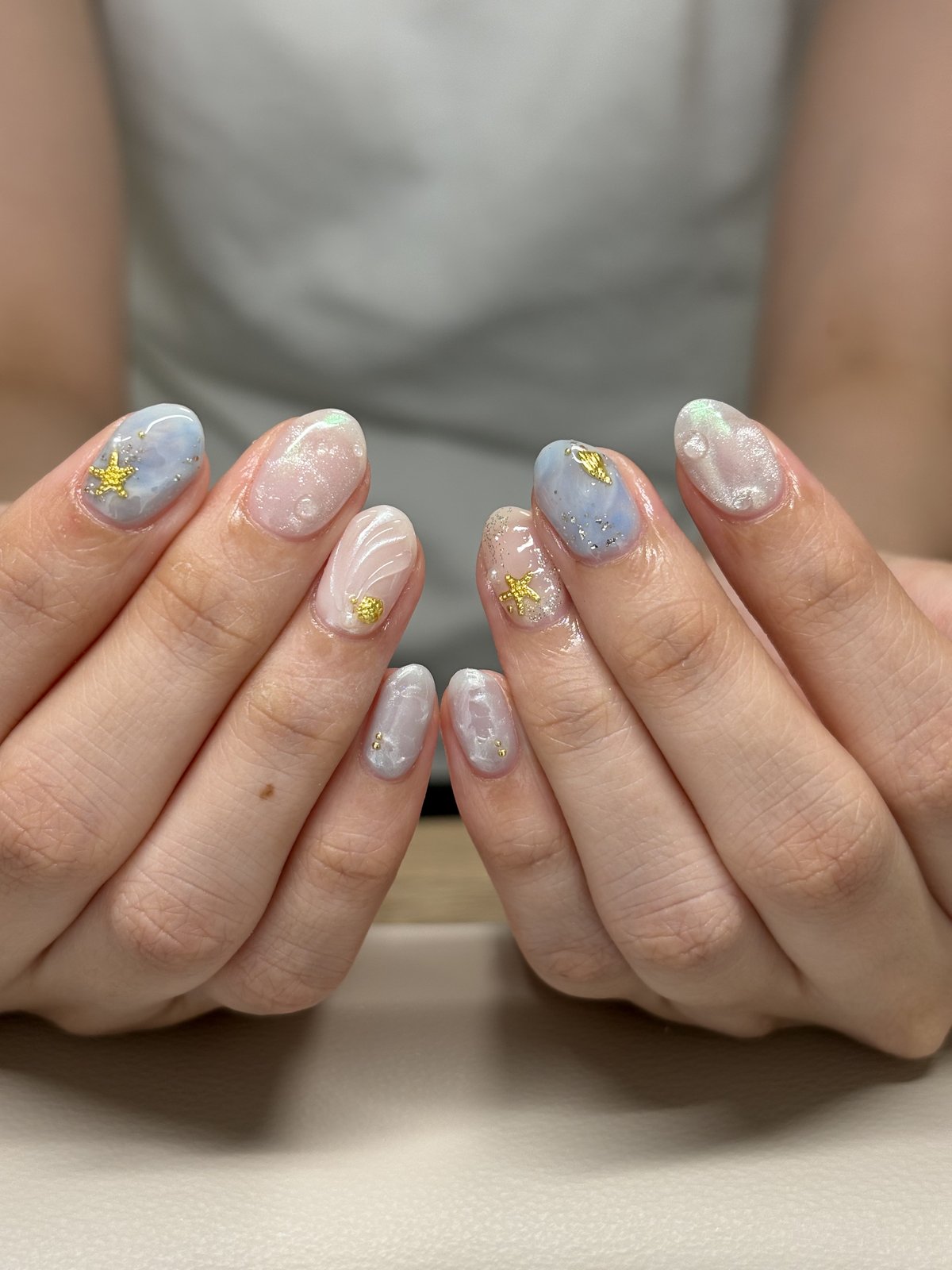 Opal Blue and Shell Pieces | Beach-Ready Nails in Harajuku