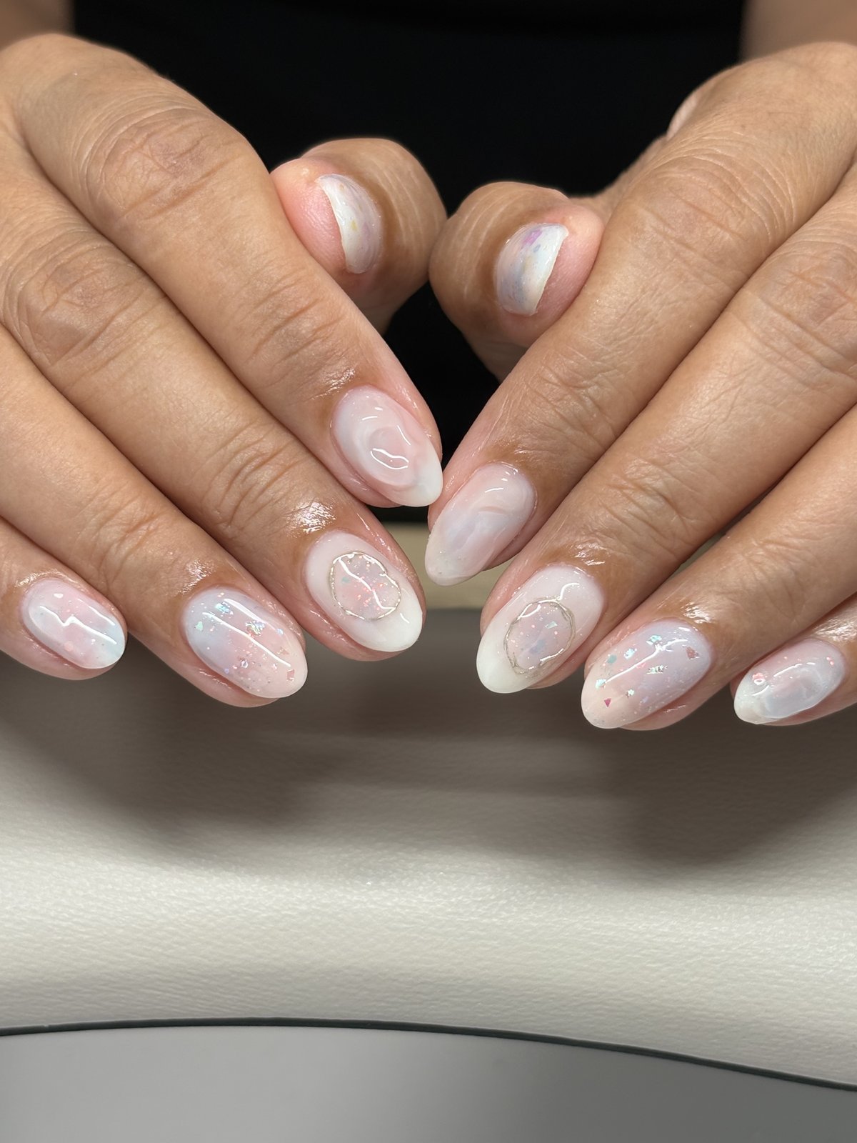 Milky White Marble with Iridescent Flakes - nail design by lull., Harajuku Tokyo