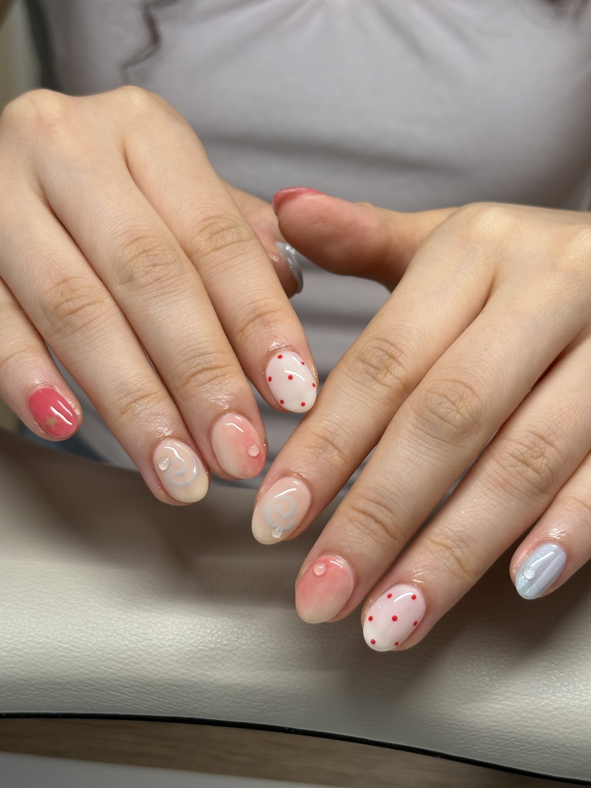 Red Dots and Clear Droplets on Soft Pastels - nail design by lull., Harajuku Tokyo