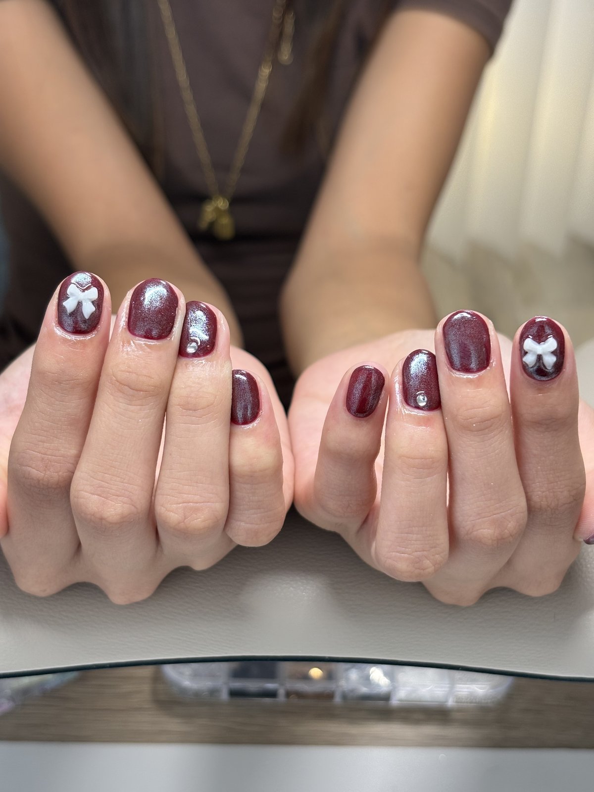 Deep Burgundy with White 3D Bows | Chrome Finish Nails in Harajuku
