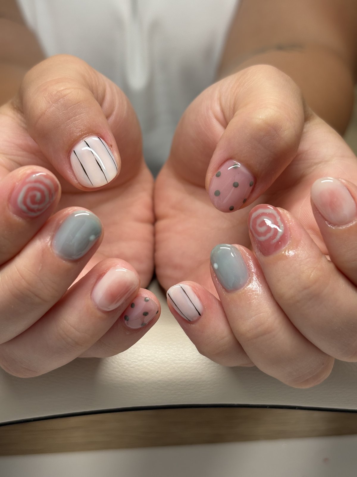 Dusty Blue and Rose with Hand-Drawn Details - nail design by lull., Harajuku Tokyo