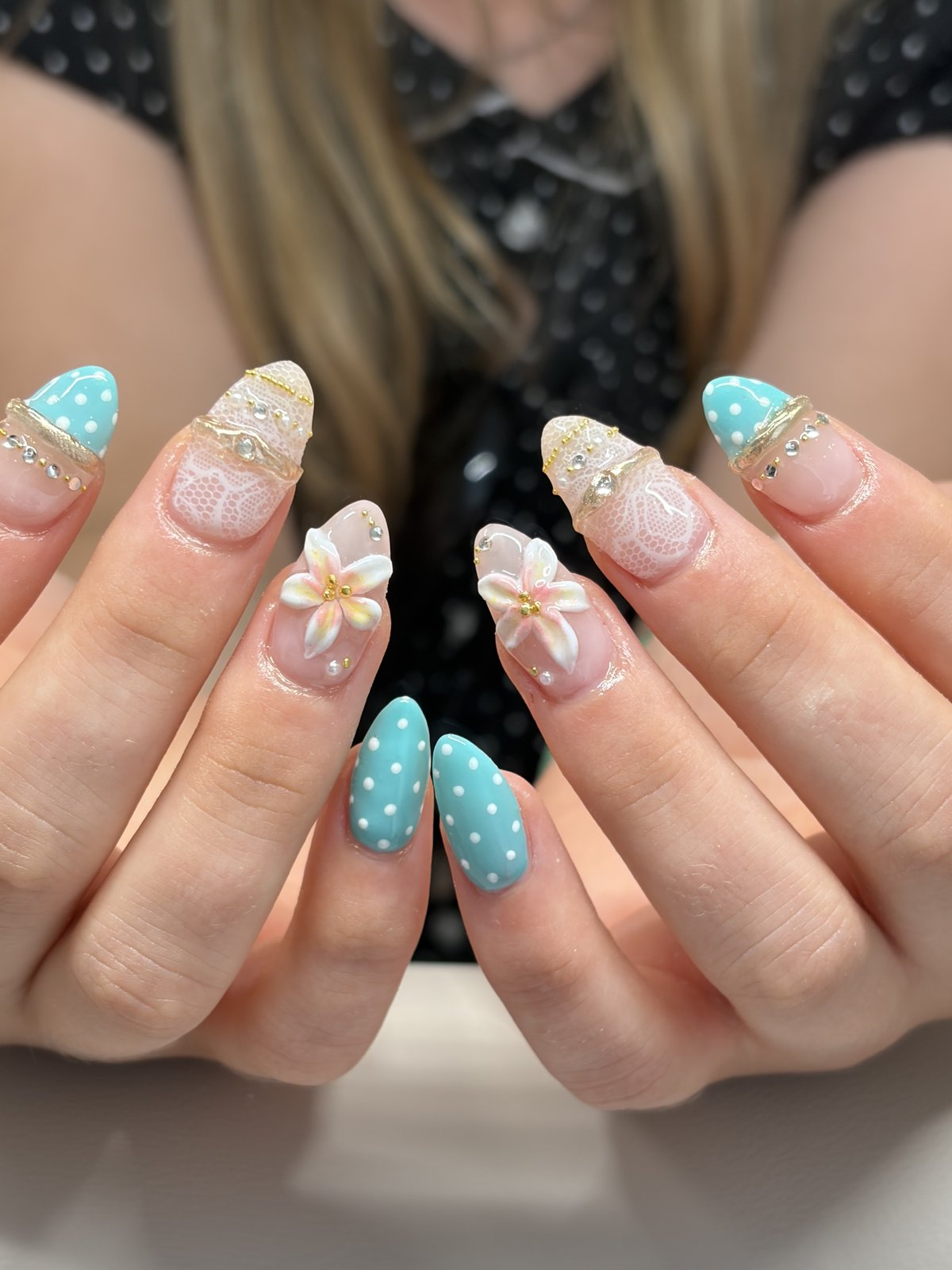 Turquoise Polka Dots with 3D Lilies and Lace | Ornate Nail Art in Harajuku