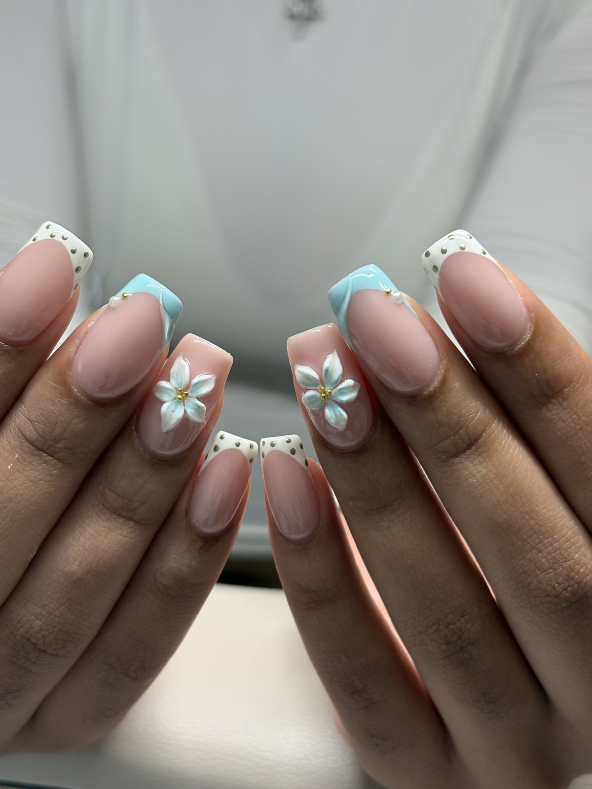 Mint Waves and White Blossoms over Polka Dot French - nail design by lull., Harajuku Tokyo