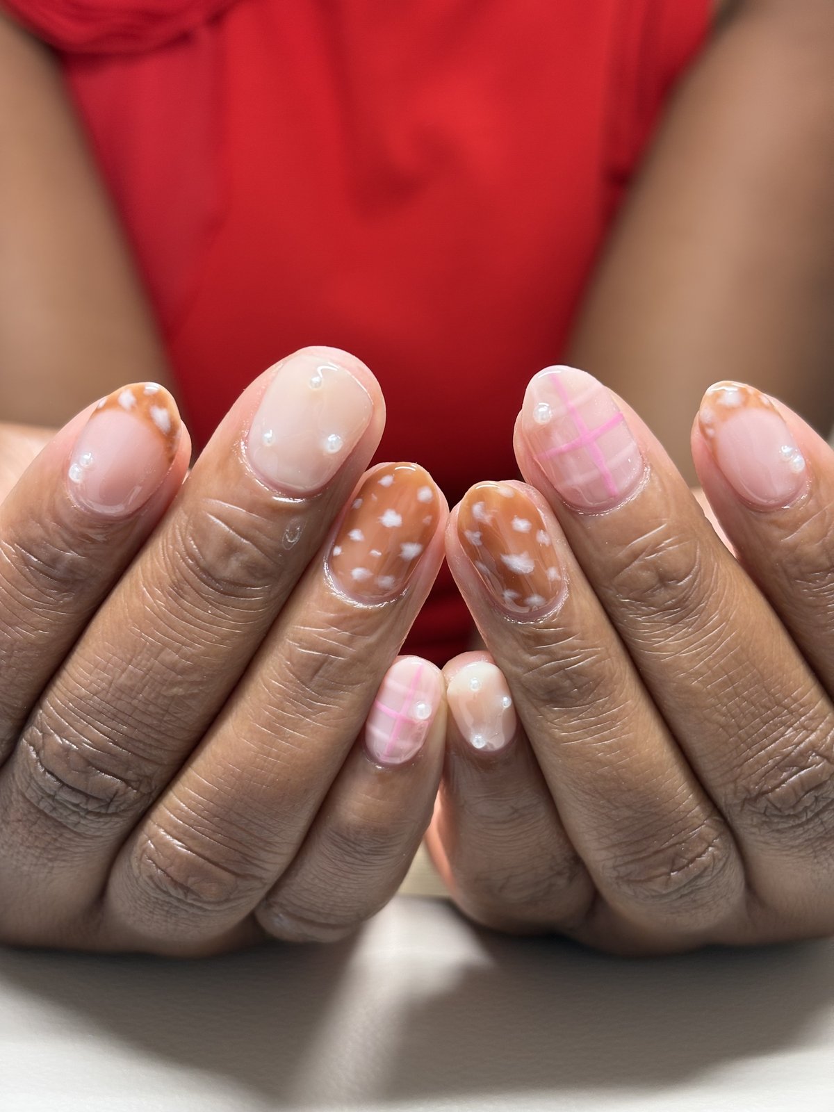 Cow Print and Pink Plaid on Sheer Nude | Mix-Match Short Nails in Tokyo