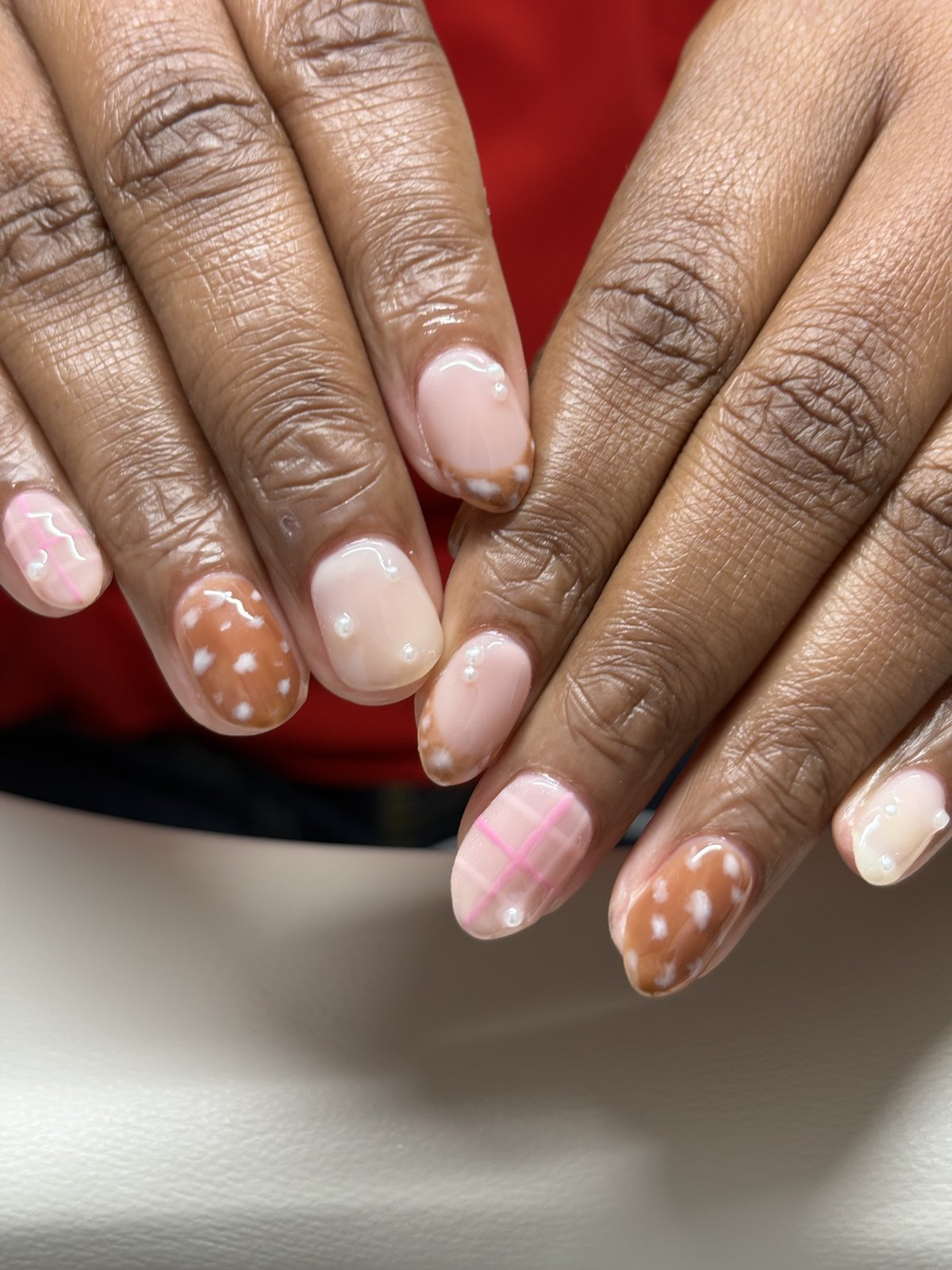 Cow Print and Pink Plaid on Sheer Nude - nail design by lull., Harajuku Tokyo