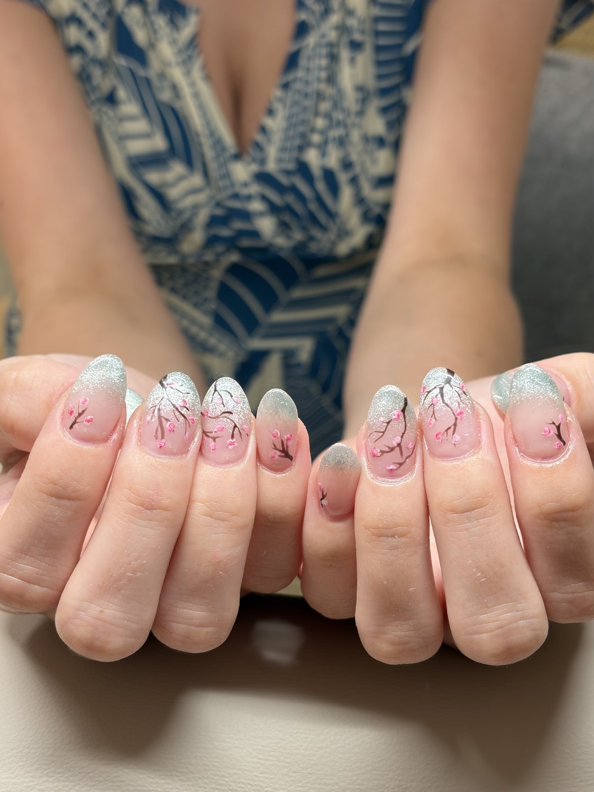 Cherry Blossom Branches over Silver Glitter Tips - nail design by lull., Harajuku Tokyo