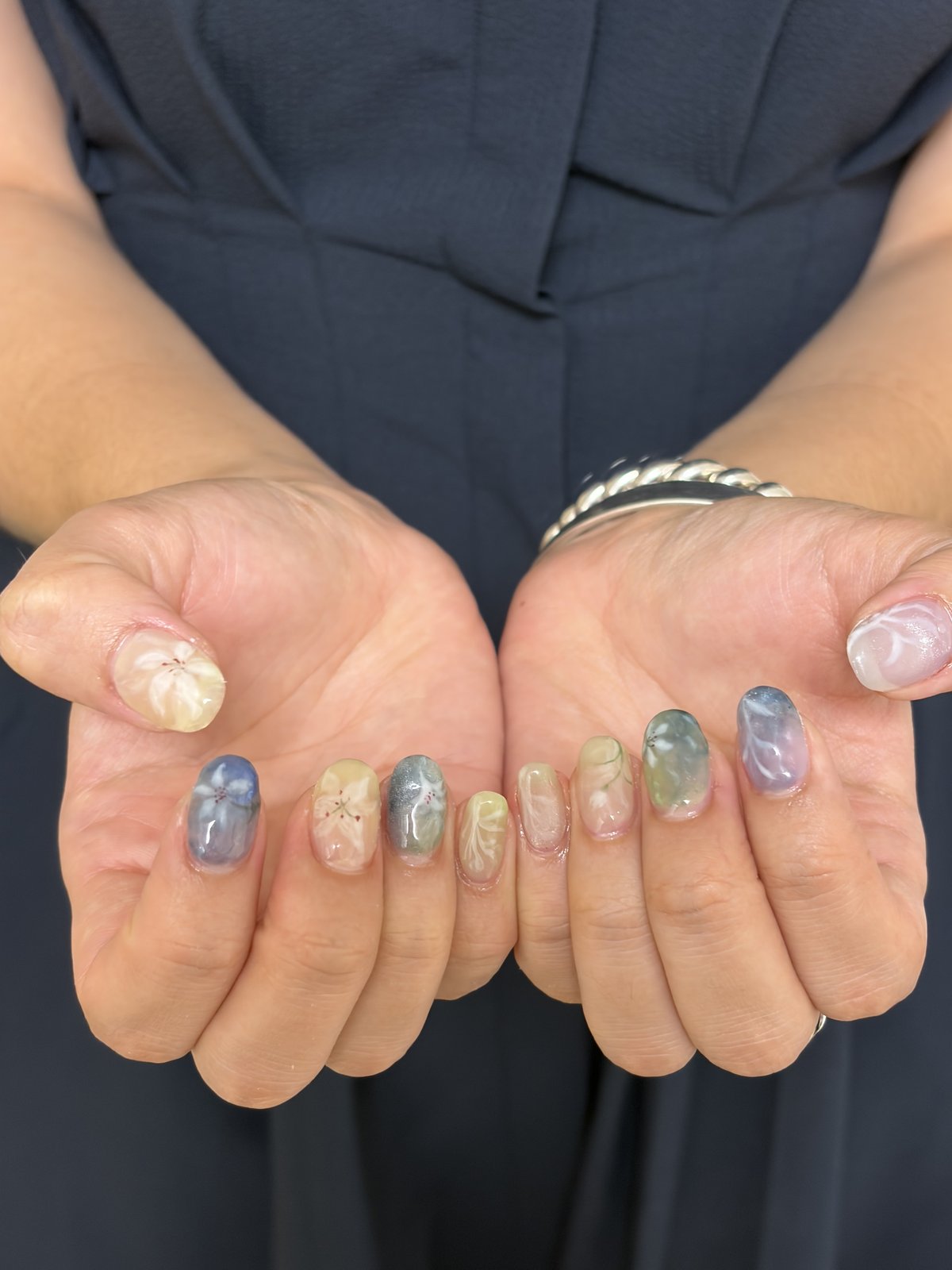 Watercolour Flowers in Blue, Sage and Cream | Painterly Nail Art in Tokyo