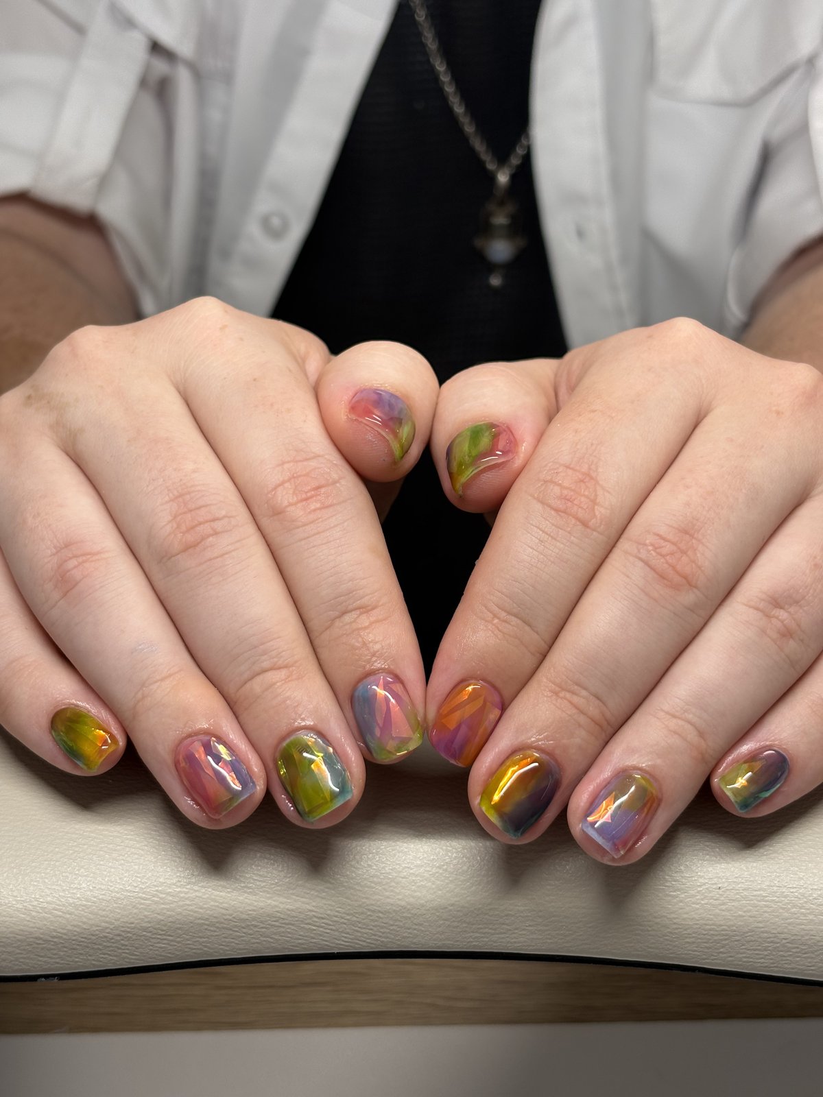 Stained Glass Colour Blocks in Green, Orange and Pink - nail design by lull., Harajuku Tokyo