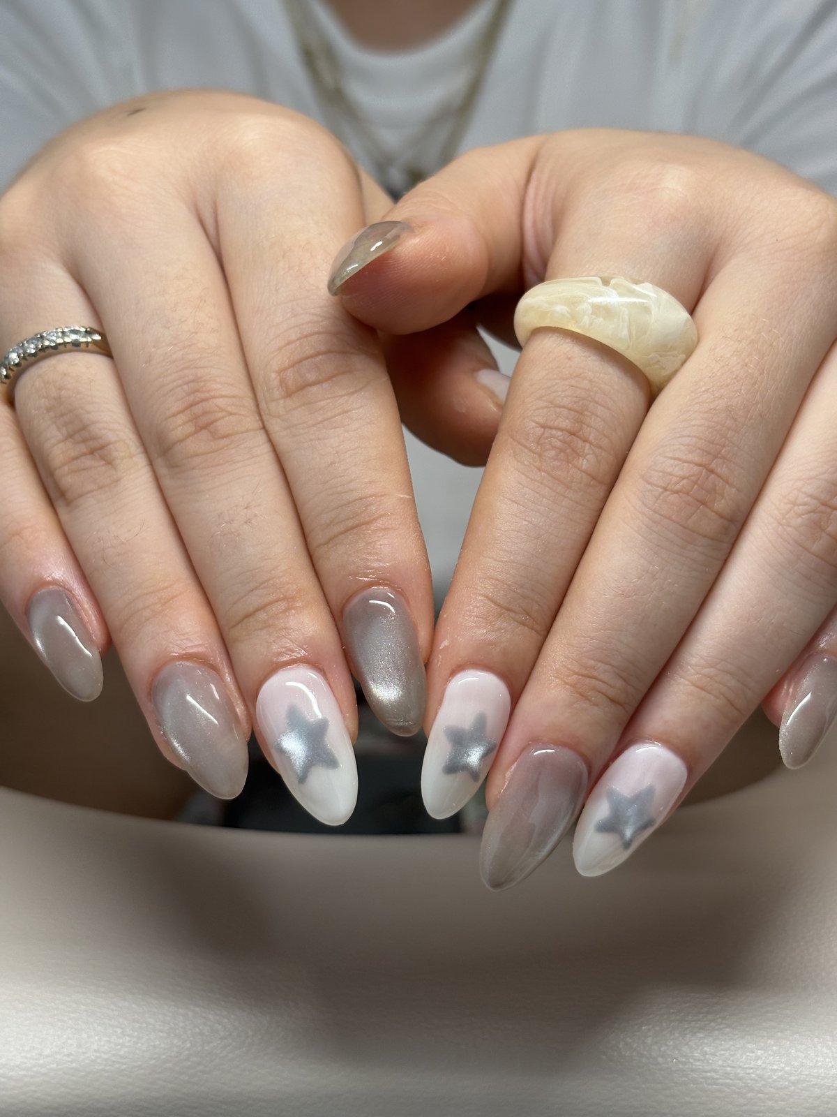 Grey Stars over Mocha Chrome and Cream - nail design by lull., Harajuku Tokyo