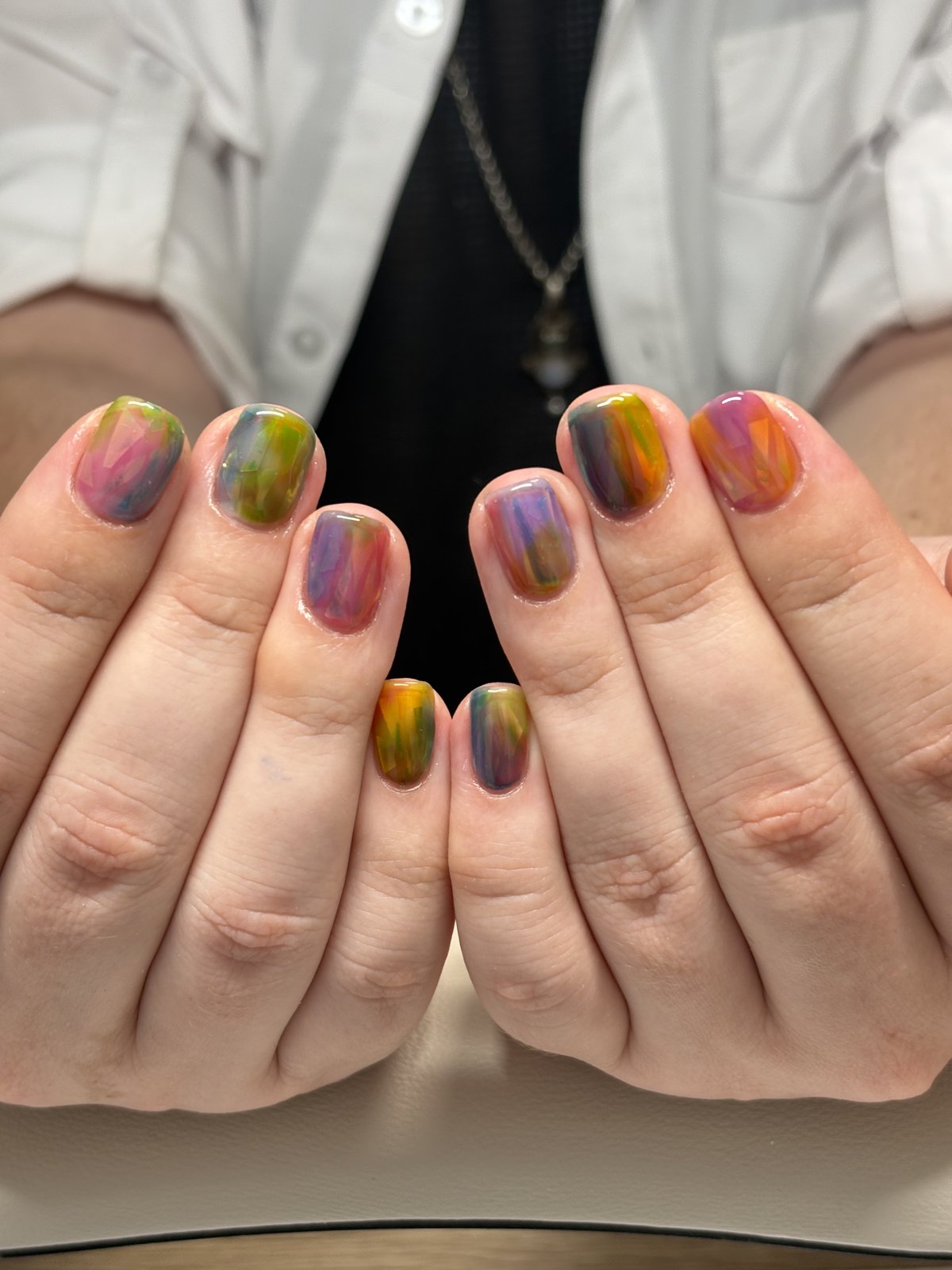 Stained Glass Colour Blocks in Green, Orange and Pink - nail design by lull., Harajuku Tokyo