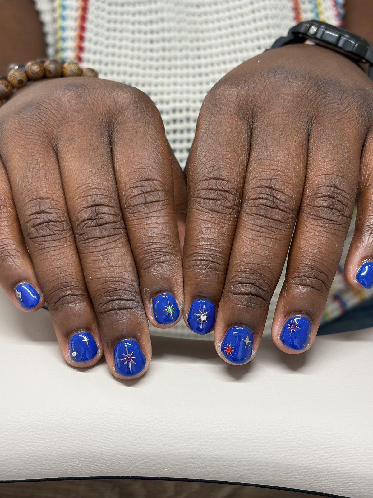 Gold Compass Stars on Cobalt Blue | Short Statement Nails in Harajuku