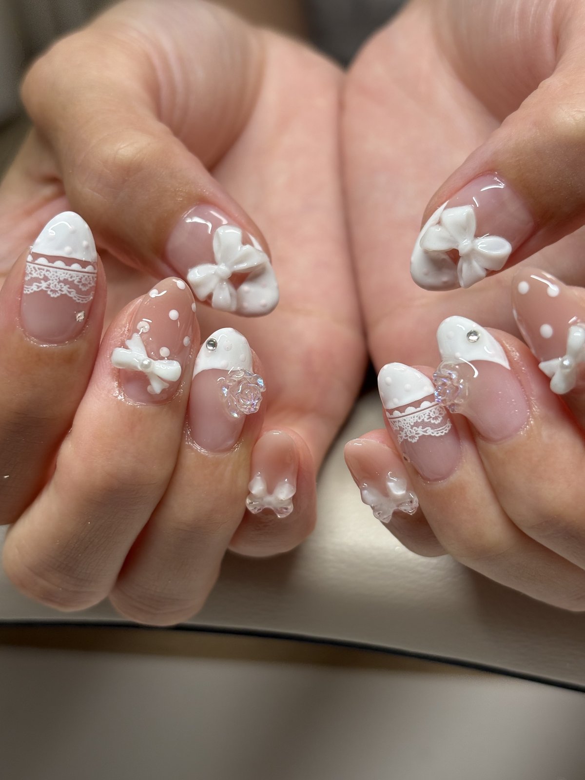 White Lace, Bows and Pearls - nail design by lull., Harajuku Tokyo