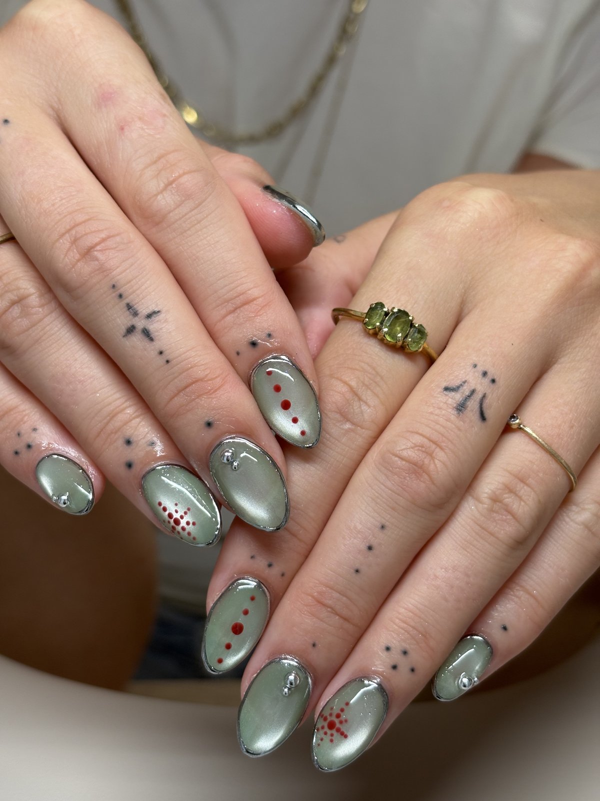 Sage Green Chrome with Red Dot Constellations - nail design by lull., Harajuku Tokyo