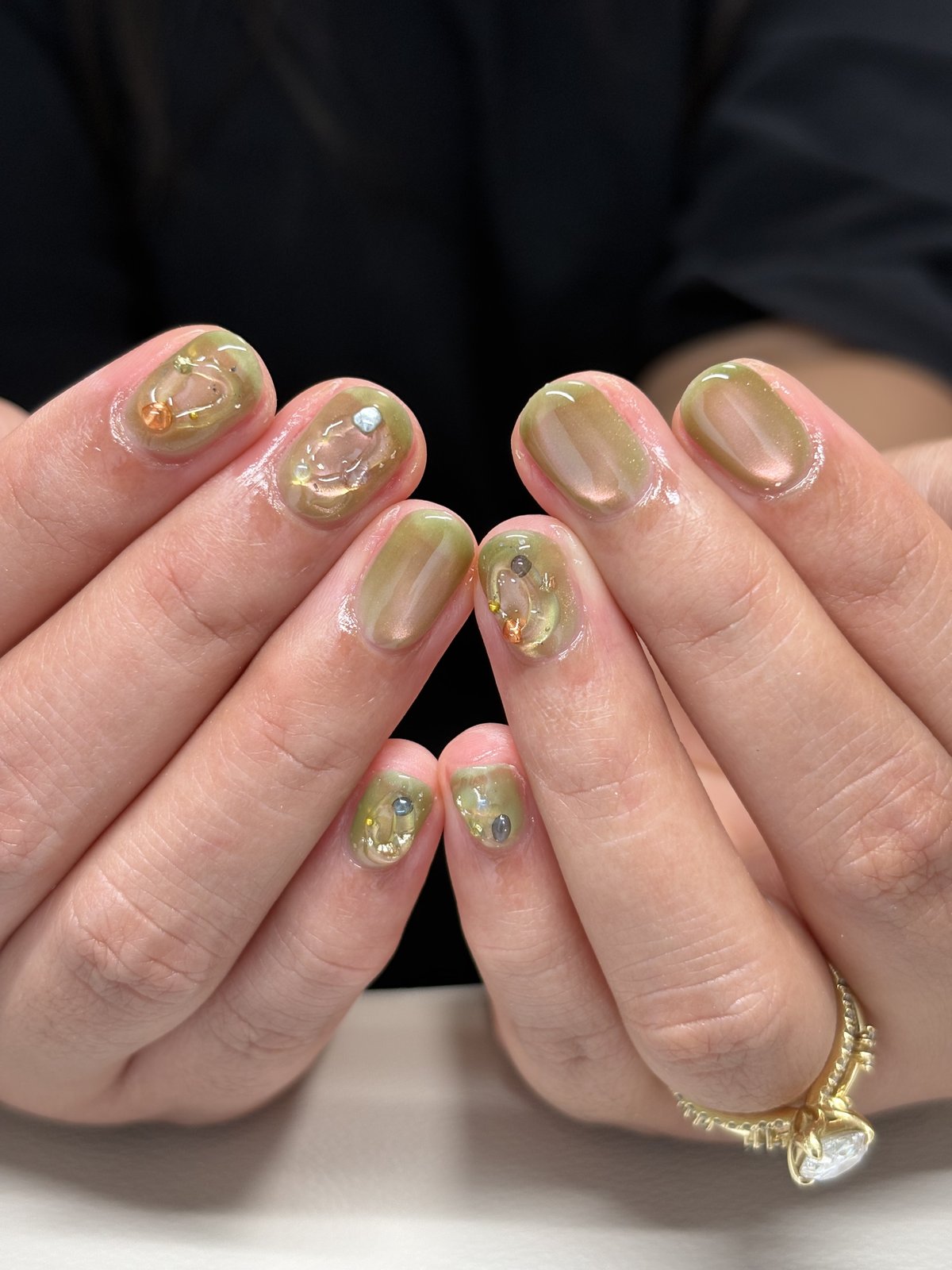 Olive Chrome with Amber Stones | Textured Short Nails in Harajuku