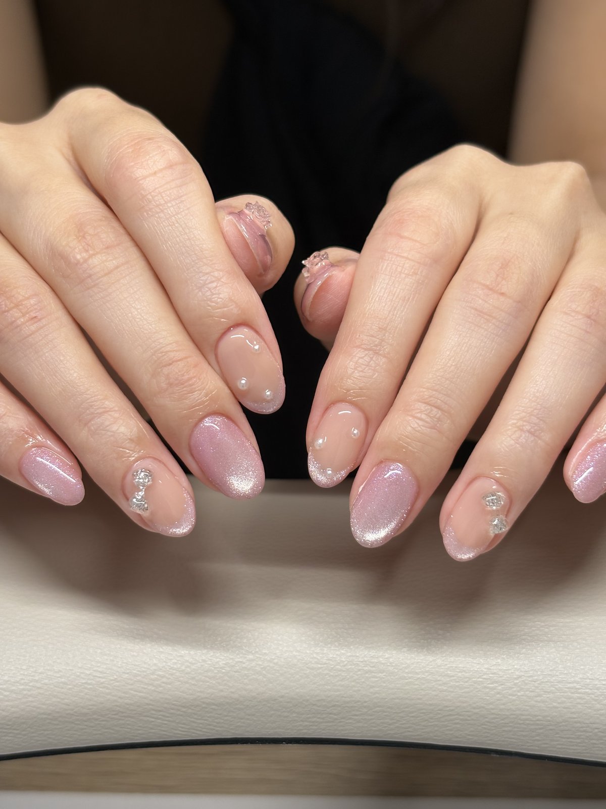 Pink Pearl Ombre with Silver Bows | First-Time Nails in Tokyo