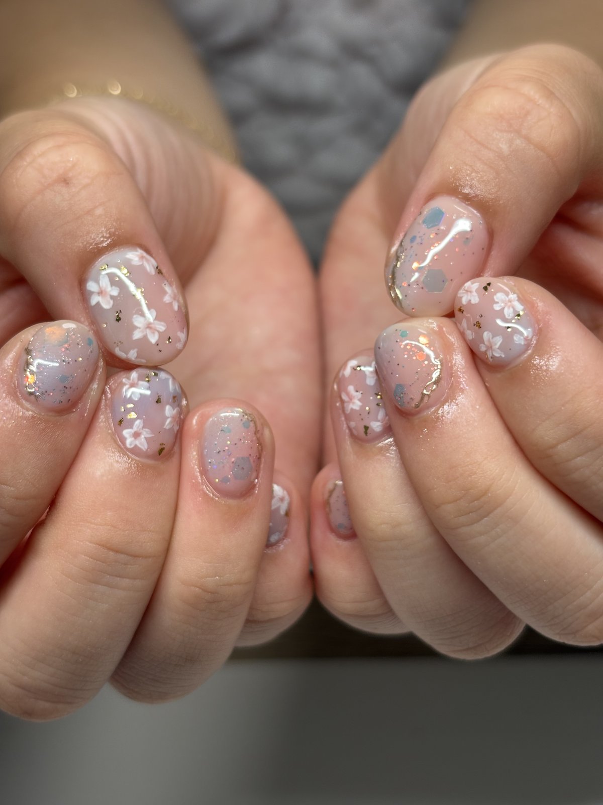 White Blossoms on Grey-Blue with Gold Foil | Delicate Floral Nails in Harajuku