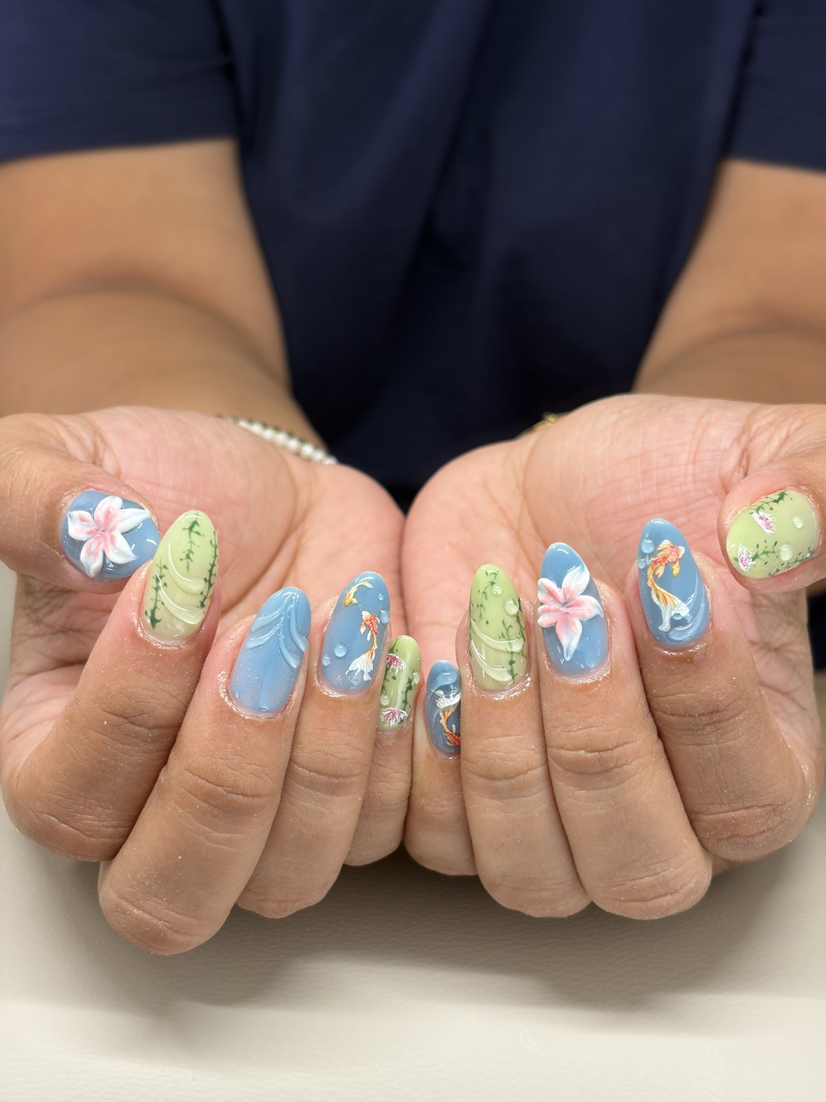 Koi and Bamboo on Denim Blue and Pistachio - nail design by lull., Harajuku Tokyo