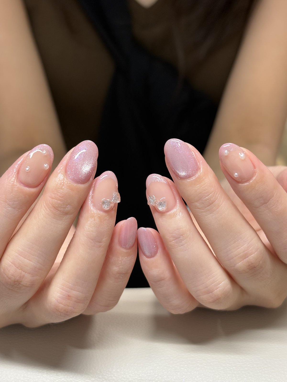 Pink Pearl Ombre with Silver Bows - nail design by lull., Harajuku Tokyo