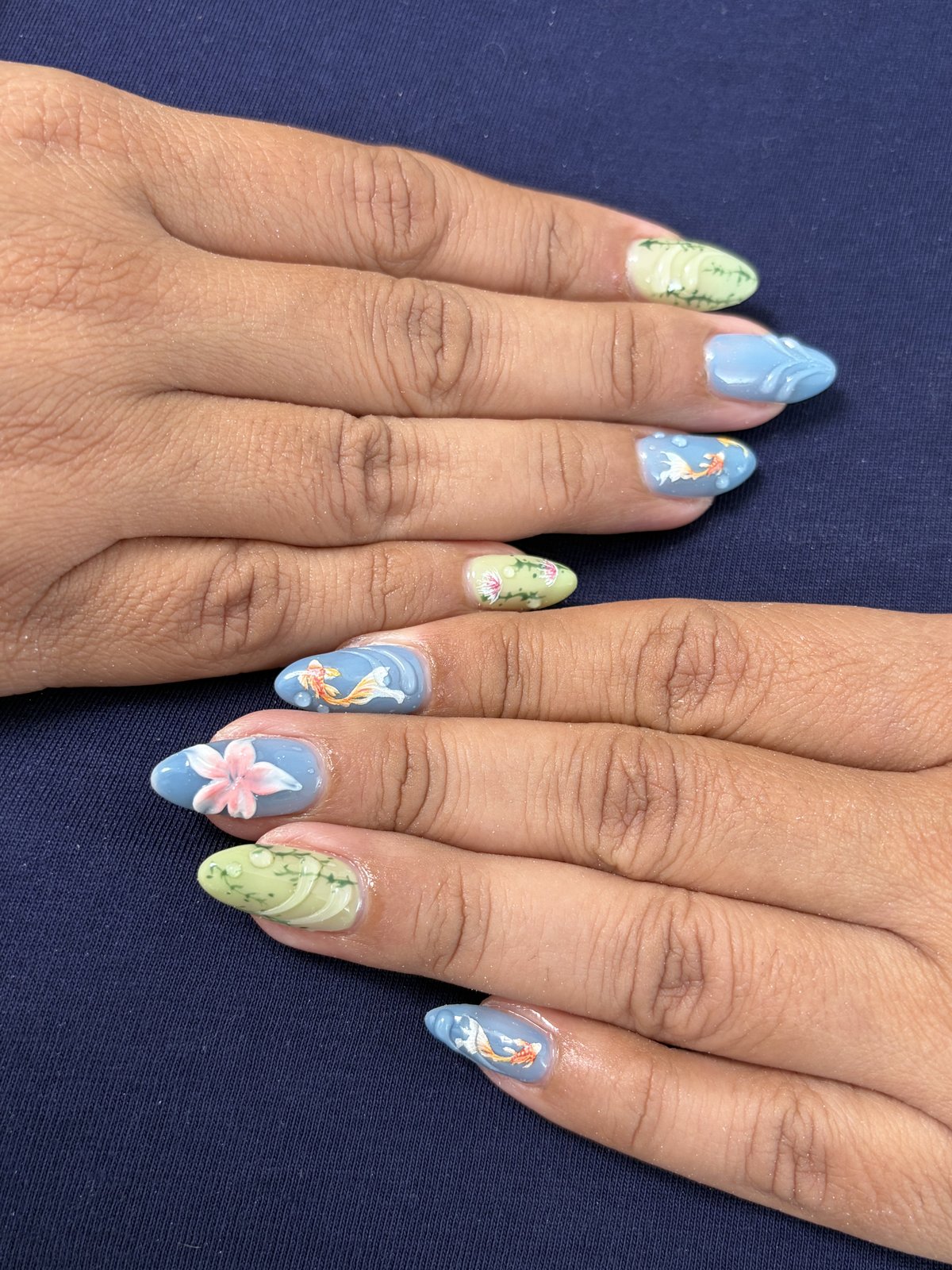 Koi and Bamboo on Denim Blue and Pistachio - nail design by lull., Harajuku Tokyo
