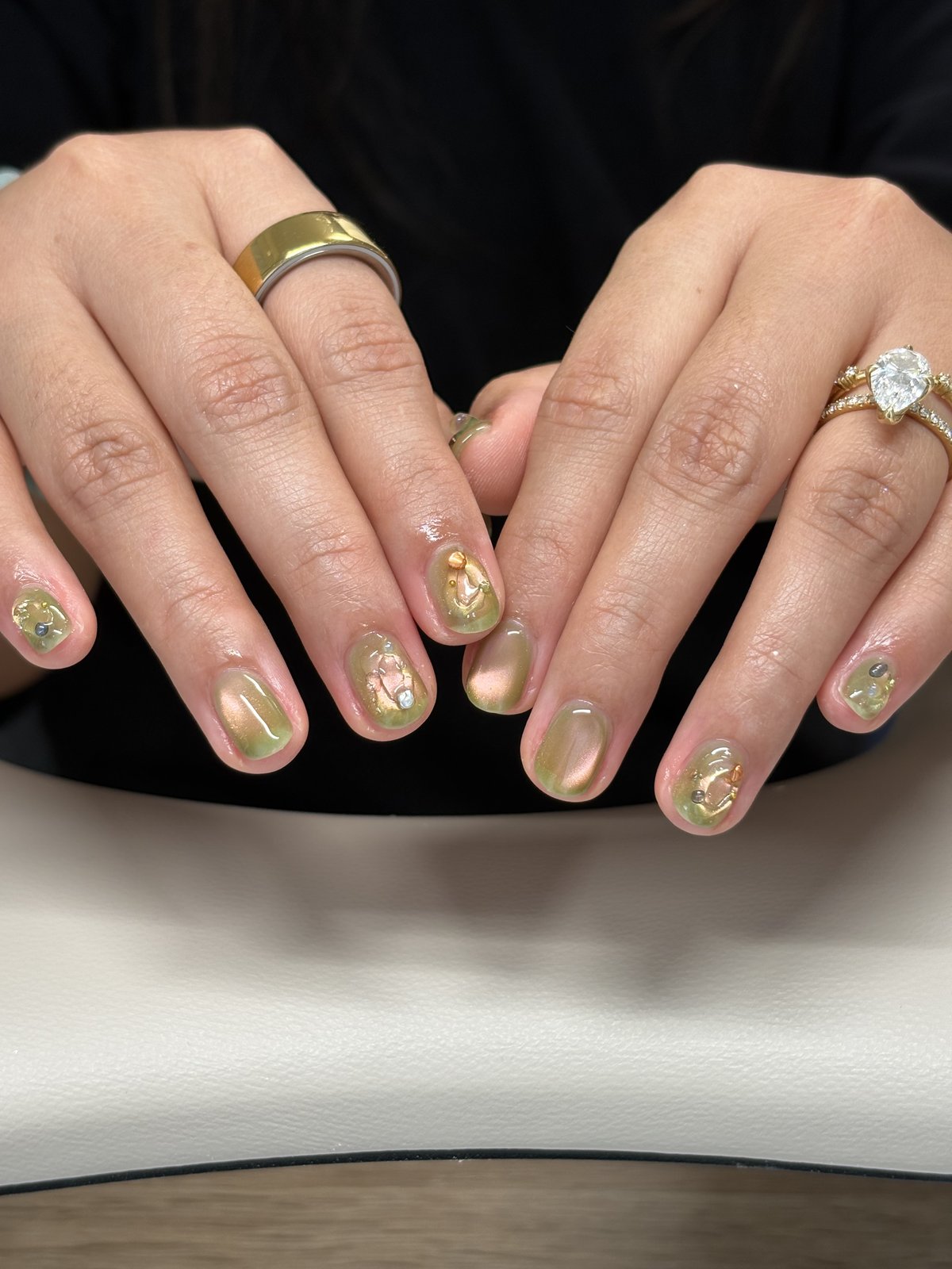 Olive Chrome with Amber Stones - nail design by lull., Harajuku Tokyo