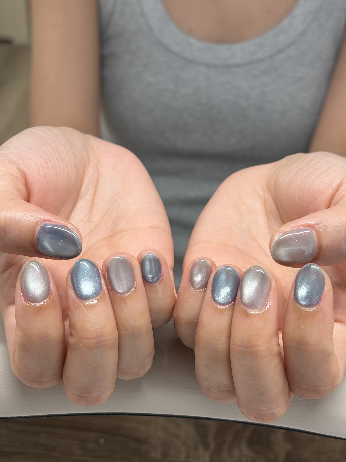 Ice Blue and Grey Chrome - nail design by lull., Harajuku Tokyo