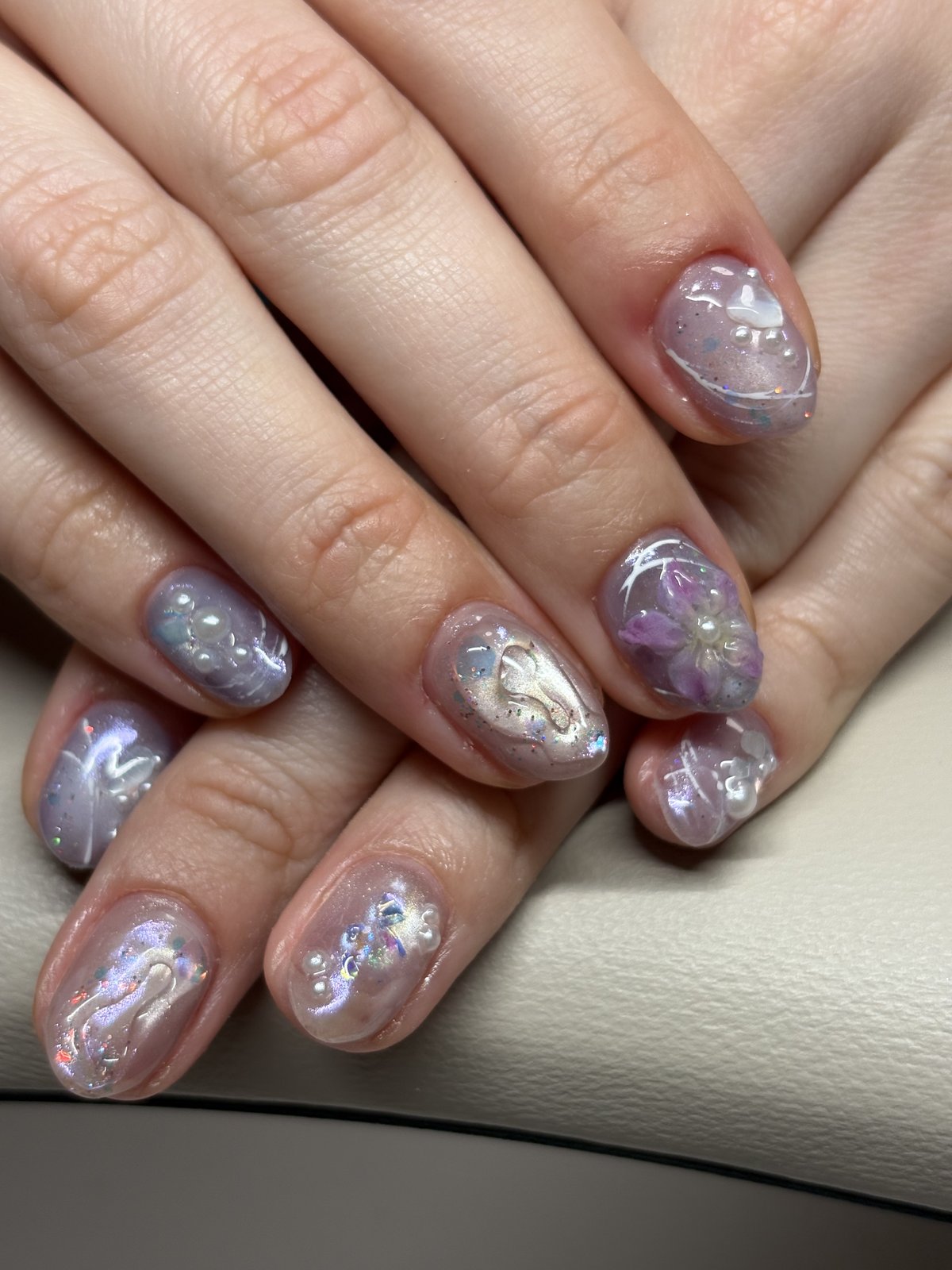 Lavender Marble with Pearls and Shell - nail design by lull., Harajuku Tokyo