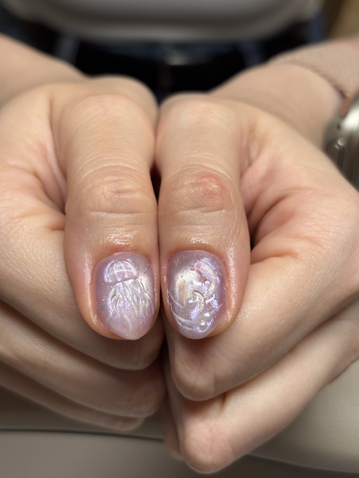 Lavender Marble with Pearls and Shell - nail design by lull., Harajuku Tokyo
