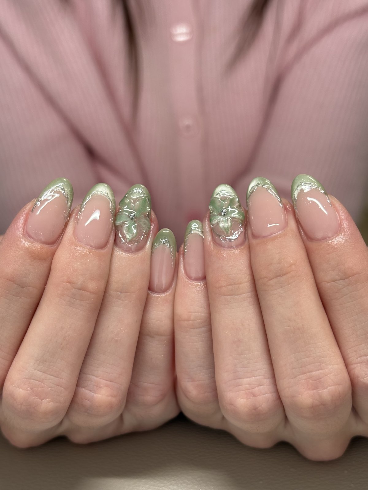 Sage Green French with Sculpted Blooms - nail design by lull., Harajuku Tokyo