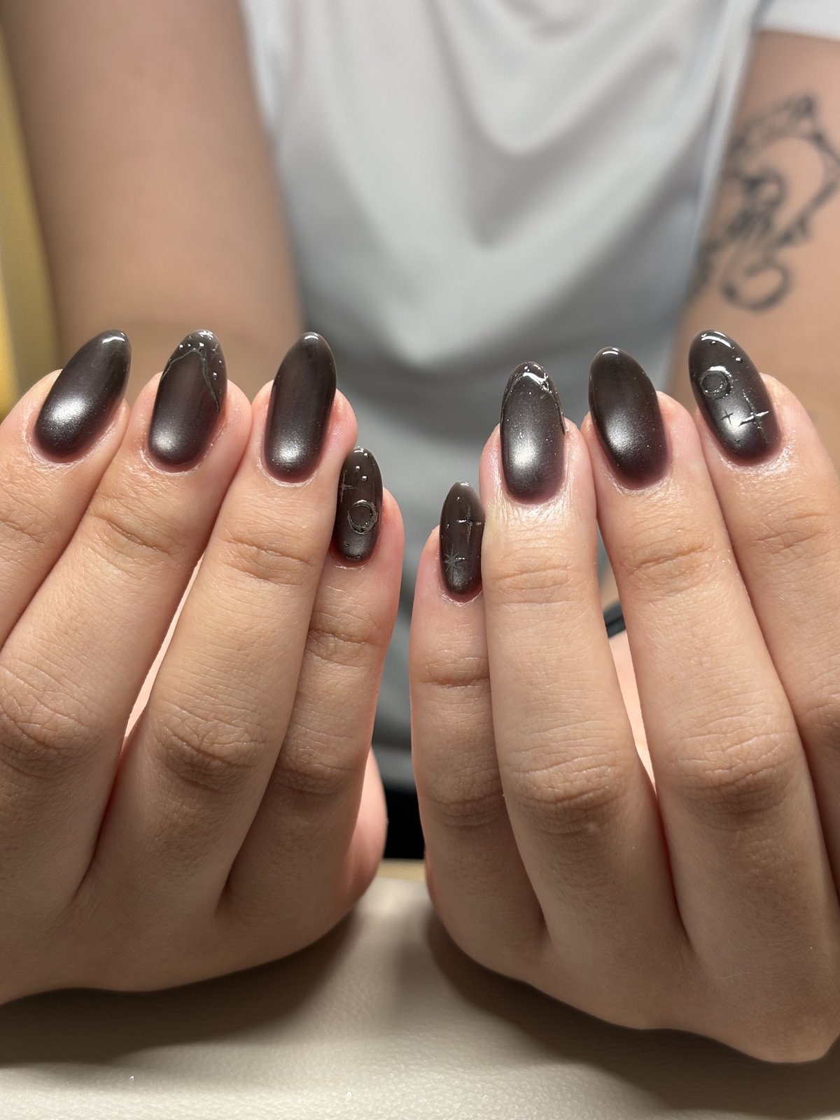 Espresso Brown Cat Eye with Silver Charms | Dark Neutral Nails in Tokyo