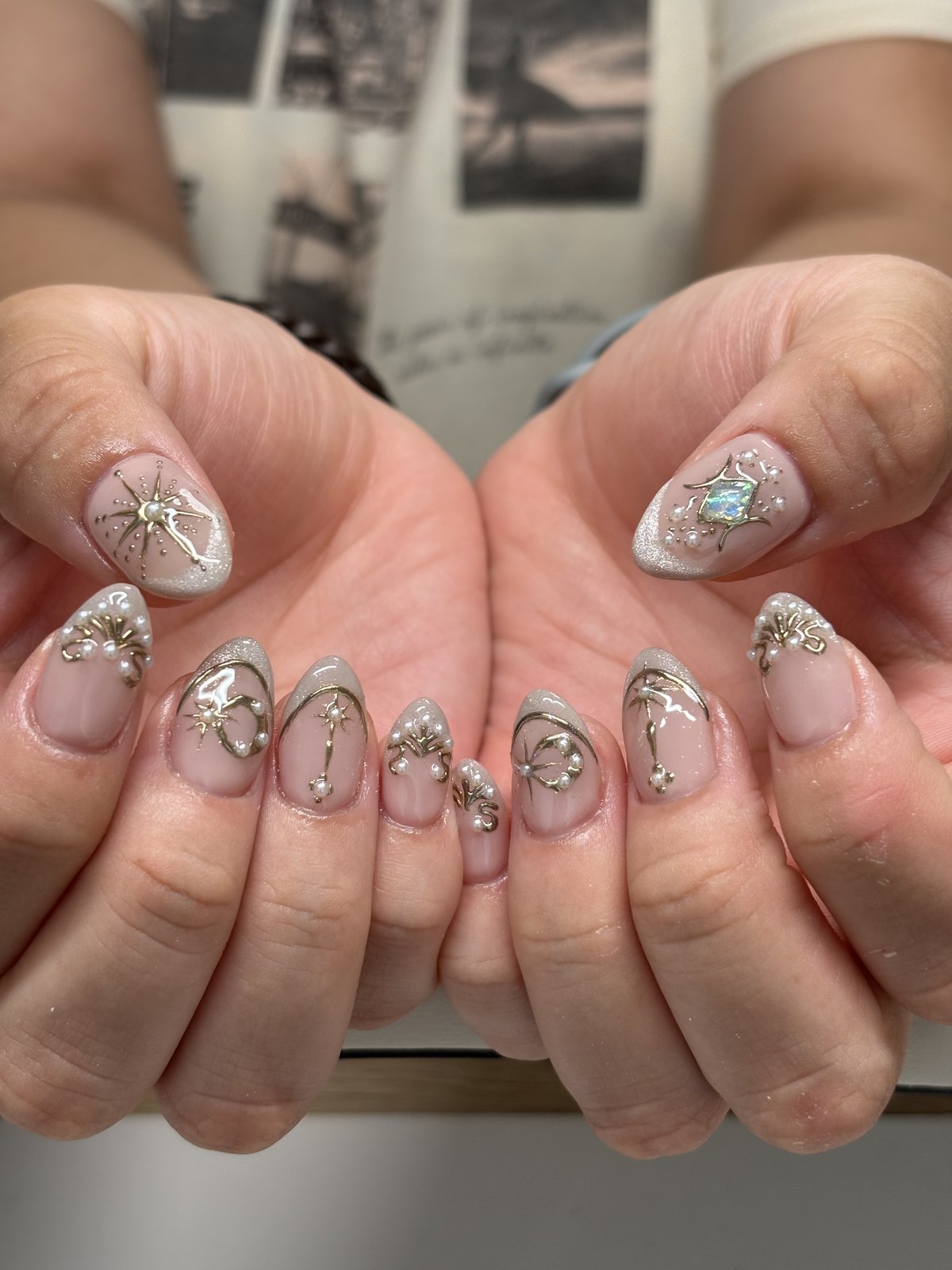 Gold Filigree and Pearls on Sheer Nude | Ornate Detail Nails in Tokyo