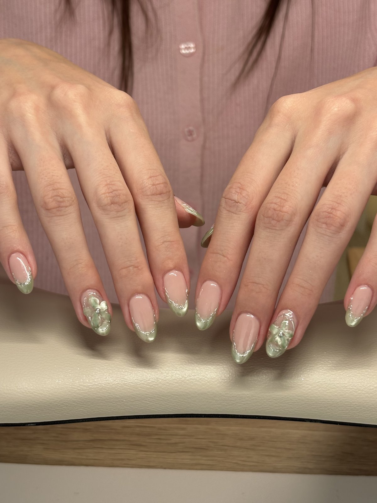 Sage Green French with Sculpted Blooms - nail design by lull., Harajuku Tokyo