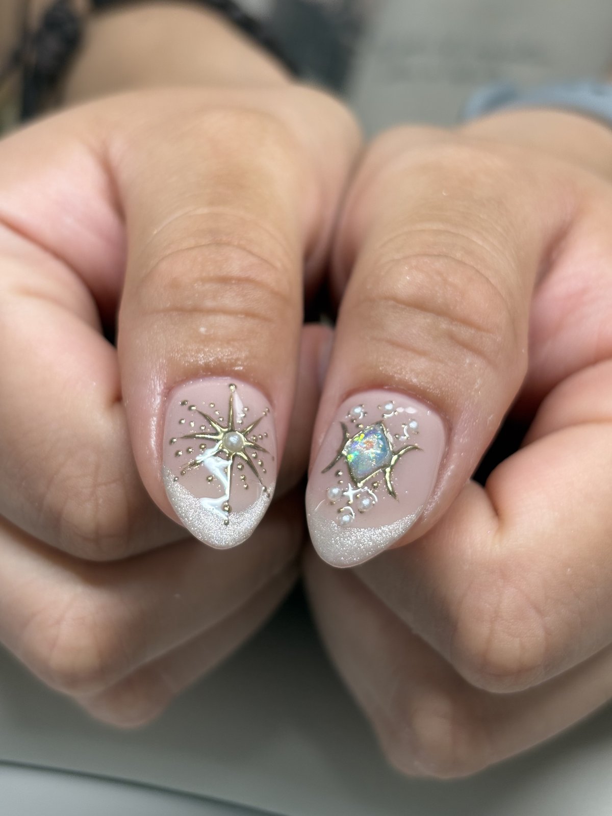 Gold Filigree and Pearls on Sheer Nude - nail design by lull., Harajuku Tokyo