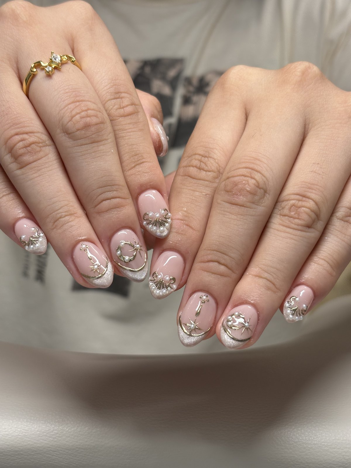 Gold Filigree and Pearls on Sheer Nude - nail design by lull., Harajuku Tokyo