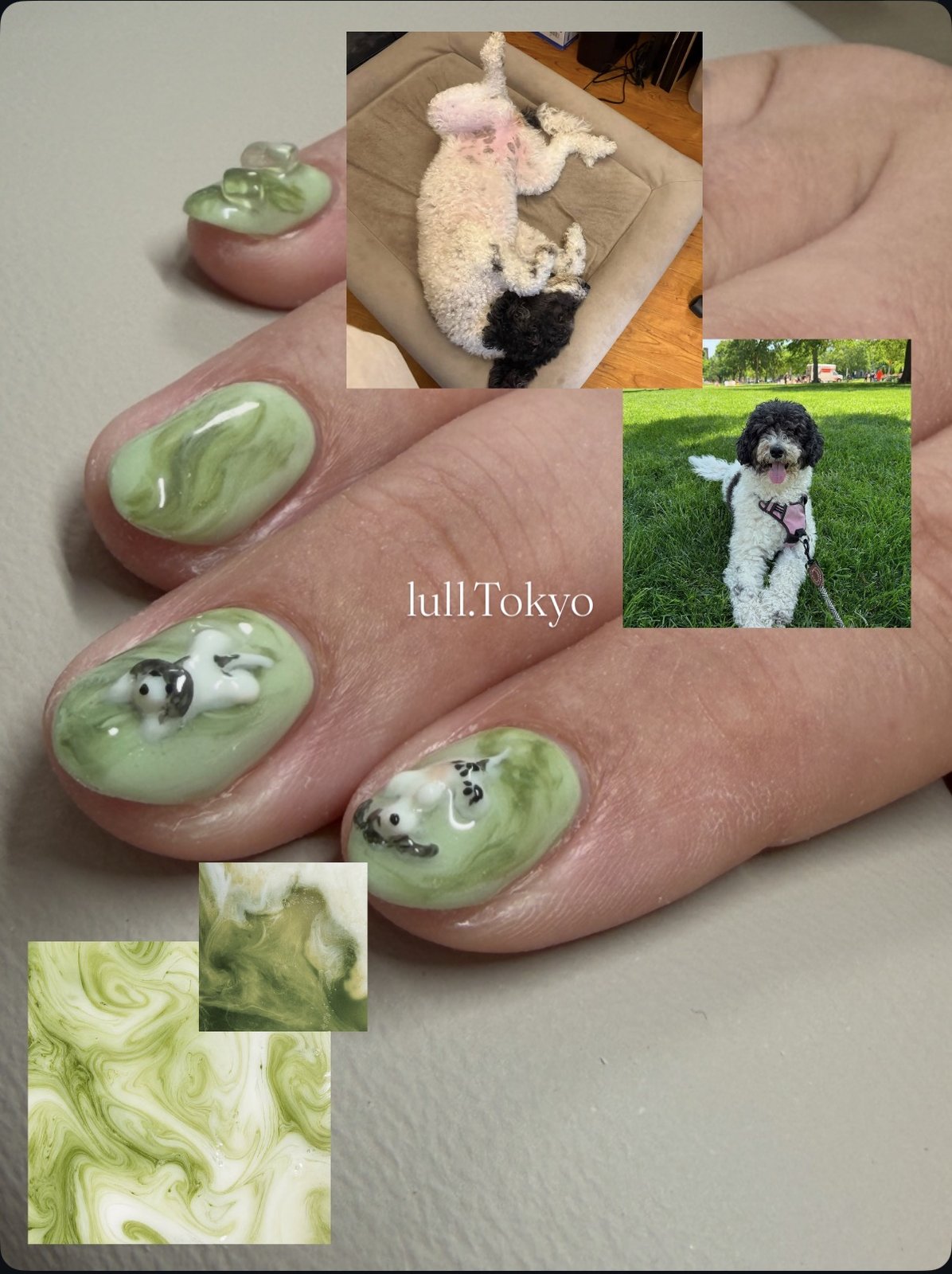 Matcha Green with a 3D Portrait of a Beloved Dog | Hand-Painted 3D Nail Art in Harajuku