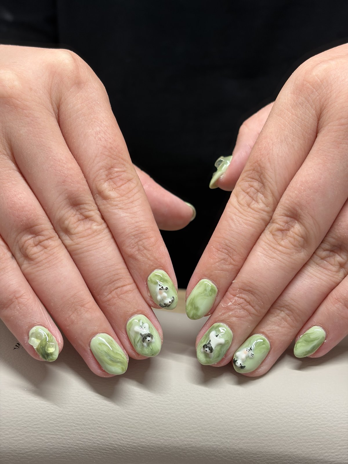 Matcha Green with a 3D Portrait of a Beloved Dog - nail design by lull., Harajuku Tokyo