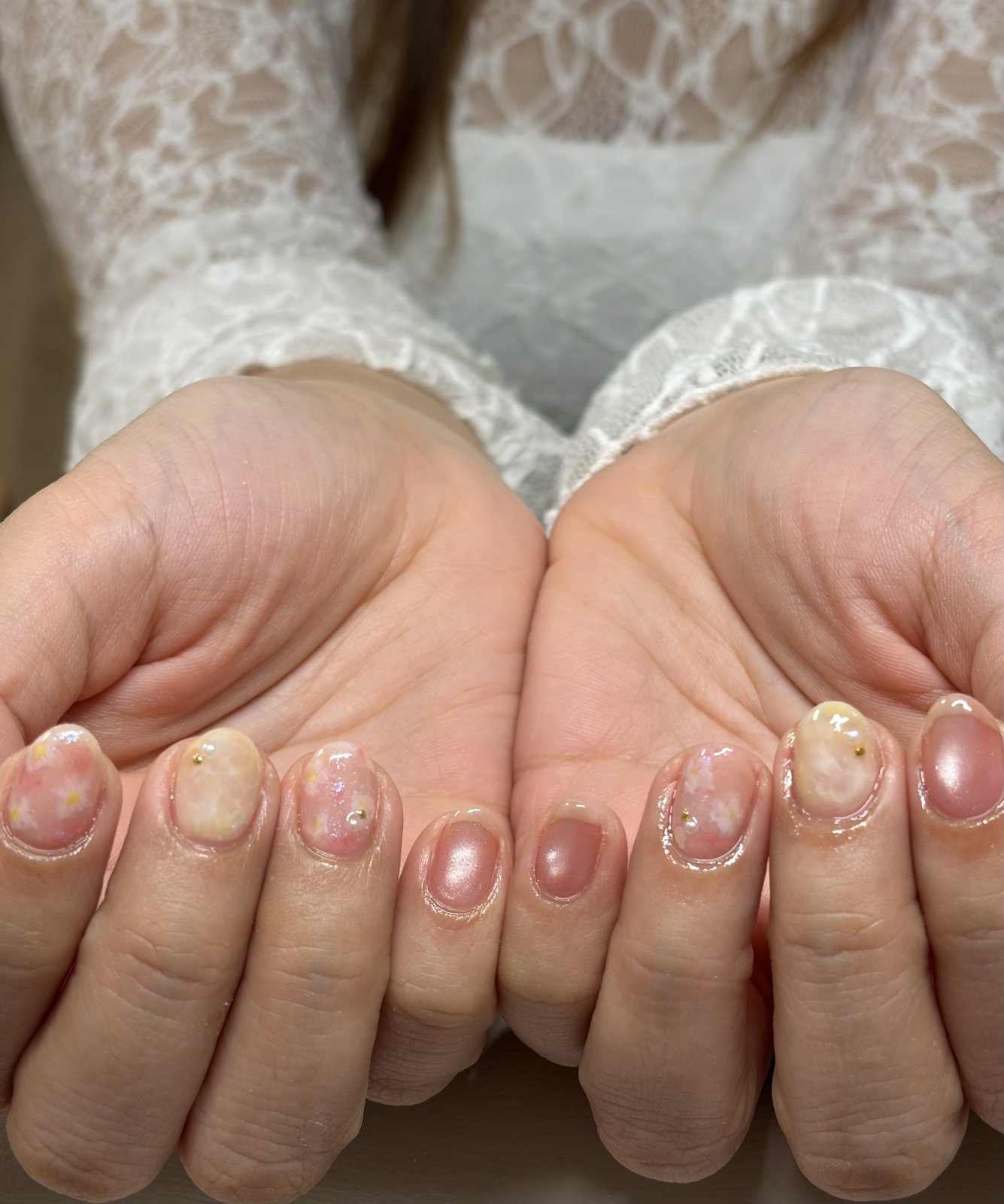 A Soft, Pale Palette on Bare Nails - nail design by lull., Harajuku Tokyo